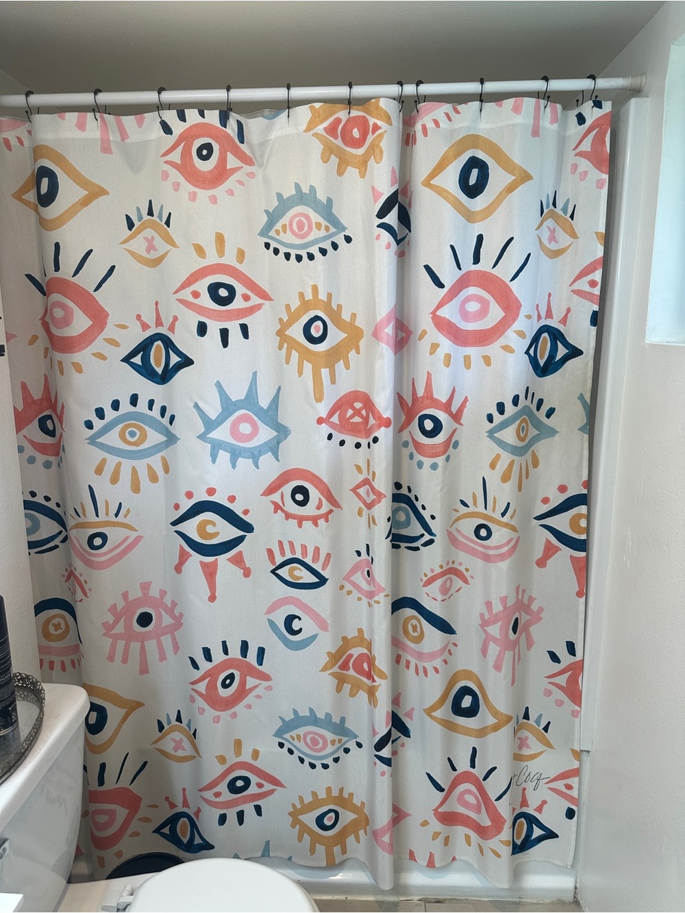 Abstract Eye Pattern Shower Curtain - Pink, Blue, Mustard, Cream